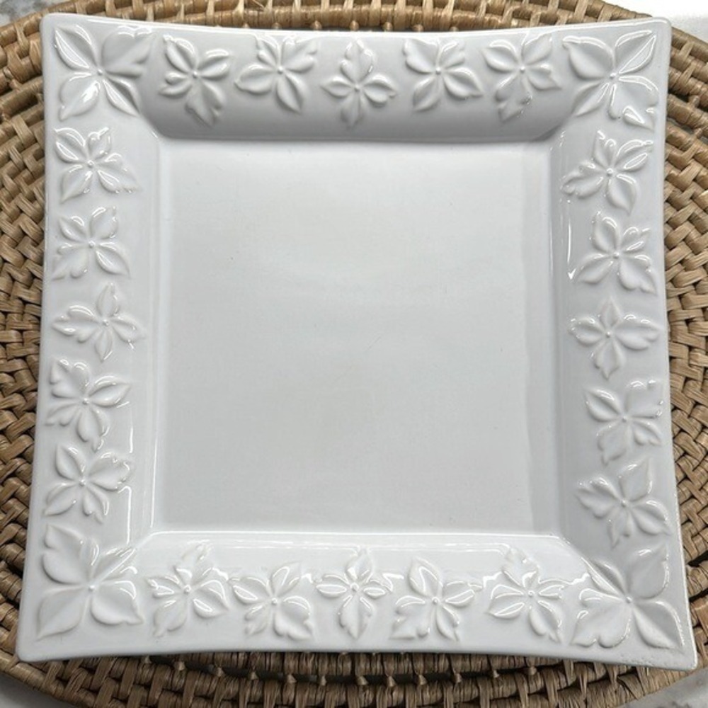 Rare Appolia‎ White Square Dogwood Blossom Trim Serving Dish with Curved Lines